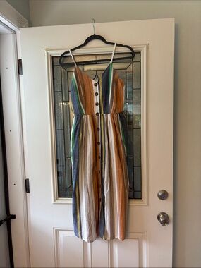 Japna Multi-Stripe Button-Front Midi Dress in White, Yellow, Blue & Green